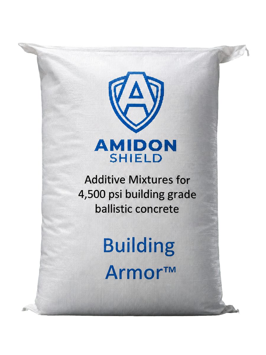 A bag of Amidon Shield admixture for 4,500 psi building-grade ballistic concrete