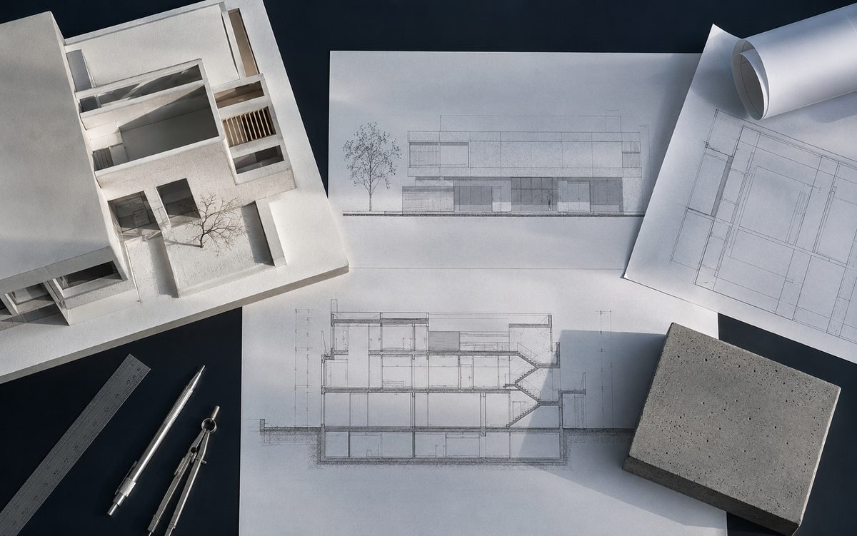 A concrete sample model beside architectural drawings