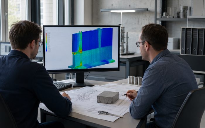 Engineers reviewing a structural stress simulation of a wall panel