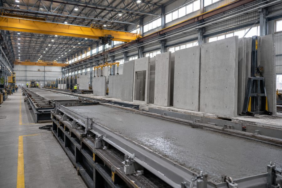 Precast production floor with gantry crane and cured wall panels