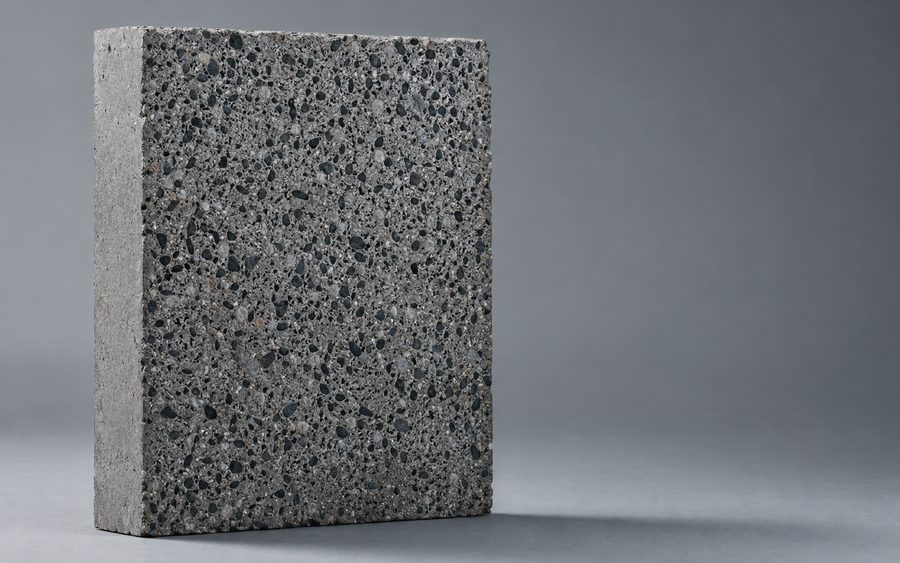 Cross-section of CarbonCrete showing reclaimed carbon distributed through the matrix