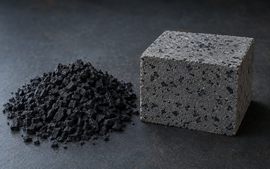 Reclaimed carbon granules beside a cured block of carbon-rich concrete