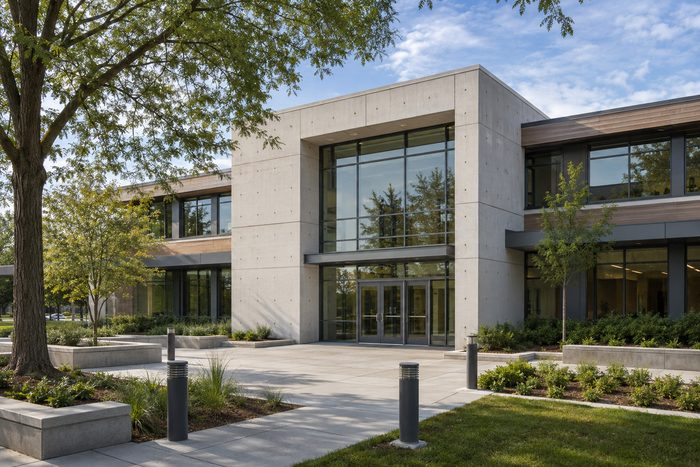 Modern campus entrance with discreet protective bollards